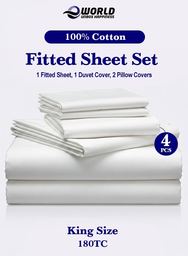 Eworld 4-Piece Luxury King Size White Bedding Set – 100% Cotton, 180 TC | Duvet Cover 220x240cm, Fitted Sheet 200x200+30cm & 2 Pillow Cases 50x75cm - Image 1